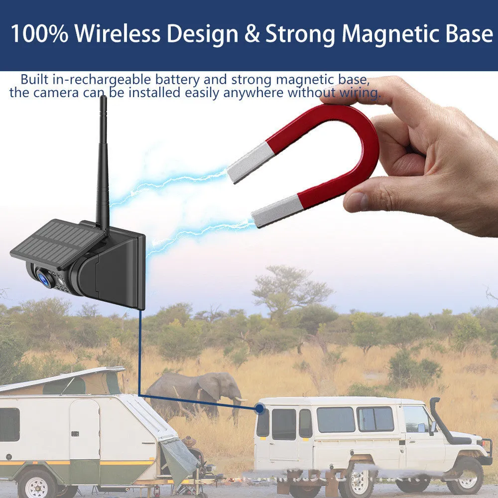 Solar wireless charging camera system with magnet suction for vehicle reversing and monitoring in black colour