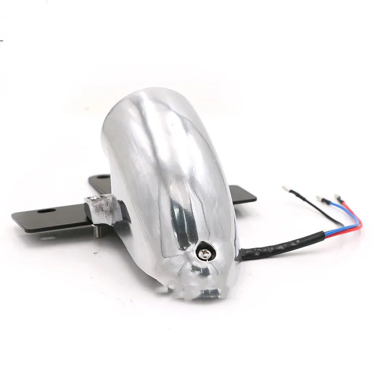 Silver aluminium alloy Lucas-style motorcycle taillight brake light with red lens and 36cm cable on white background