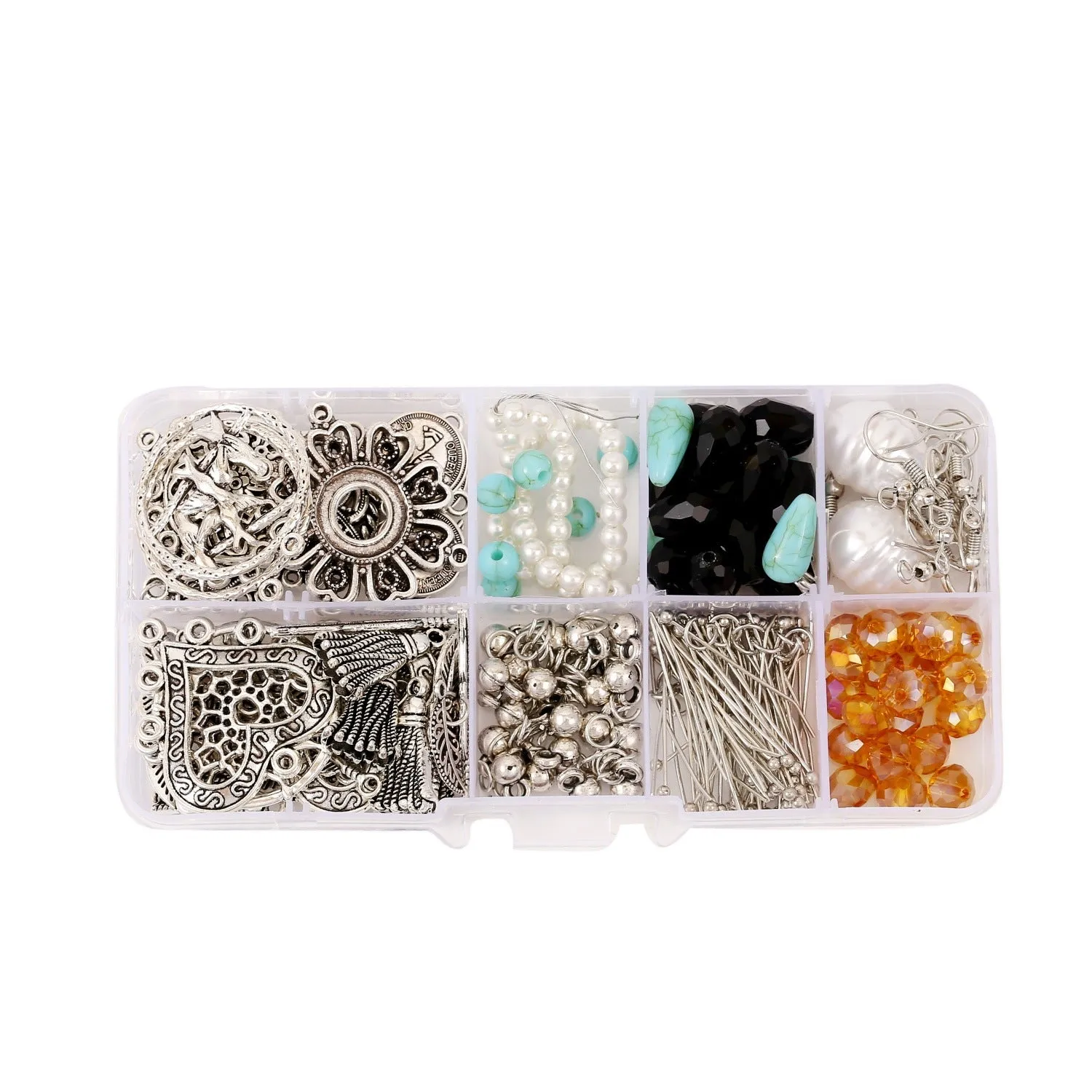 DIY earring set with heart-shaped alloy components in multiple colours, electroplated finish, in suit bag