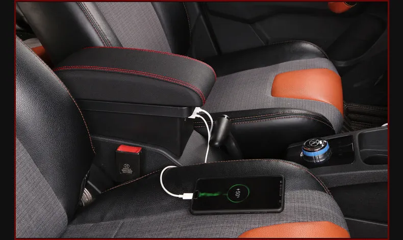 Plastic car armrest box for pure electric vehicles with USB charging and double storage in black and red colour option