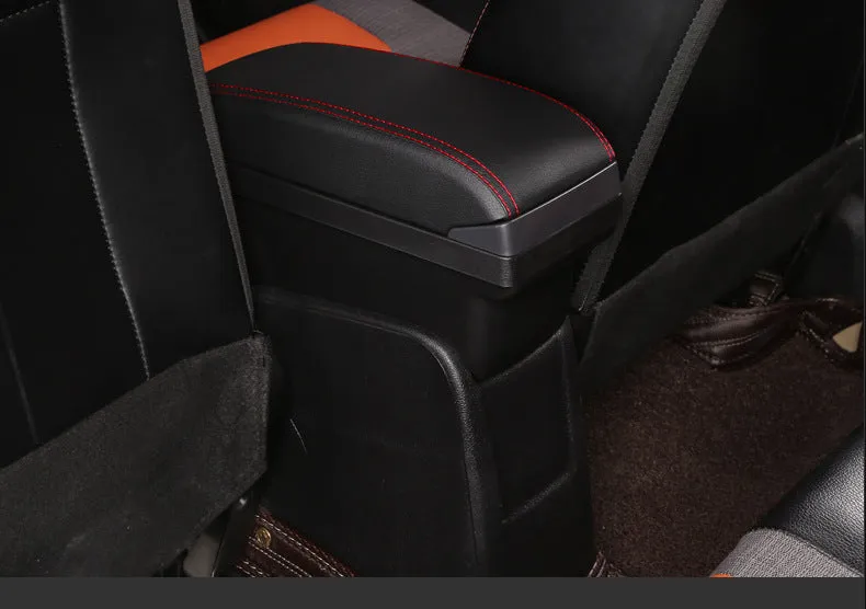 Plastic car armrest box for pure electric vehicles with USB charging and double storage in black and red colour option