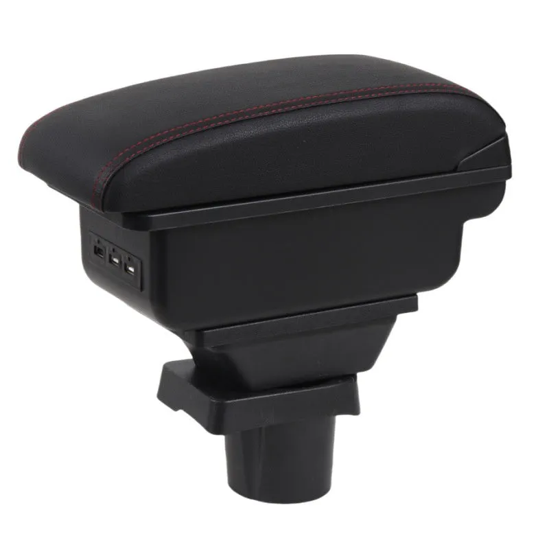 Plastic car armrest box for pure electric vehicles with USB charging and double storage in black and red colour option