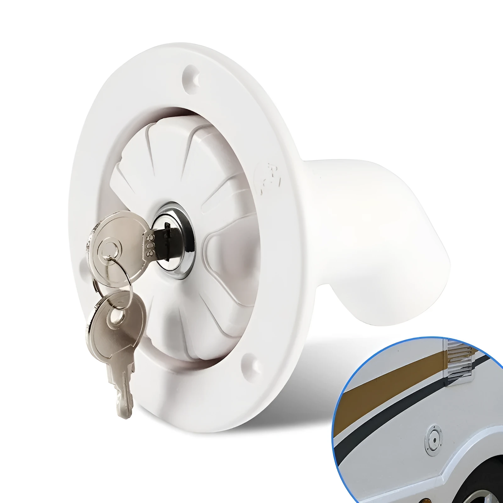White RV gravity water filling port with 80mm hole and 38mm pipe inner diameter
