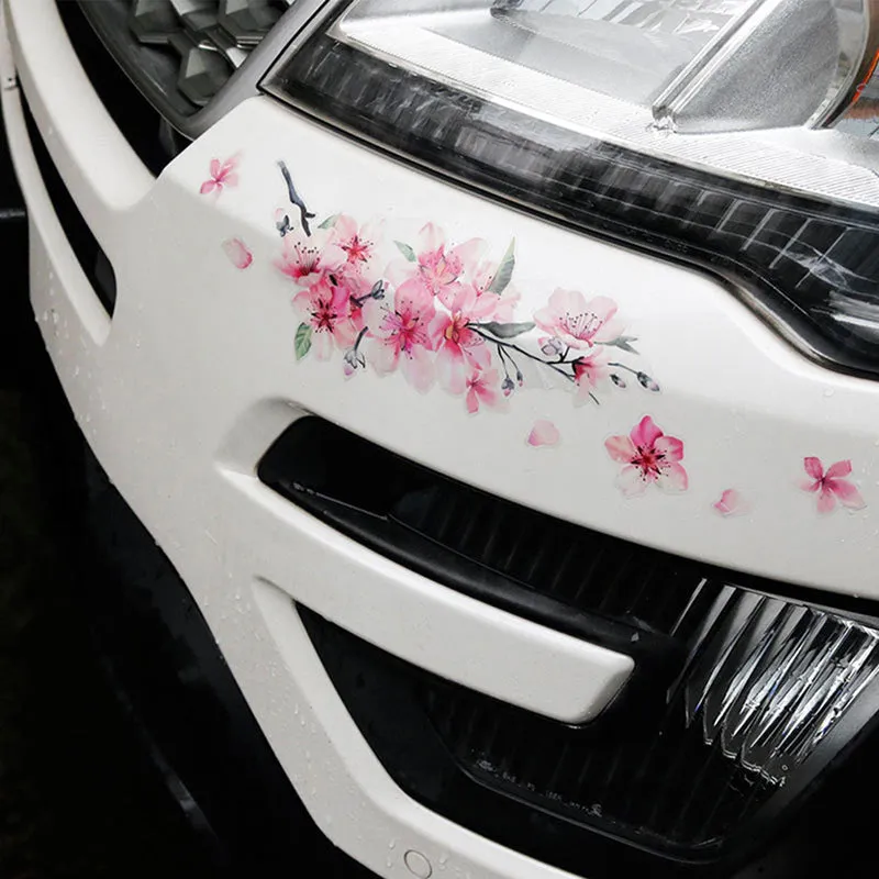 Cherry blossom flower pattern car sticker on vehicle window showing waterproof PVC material