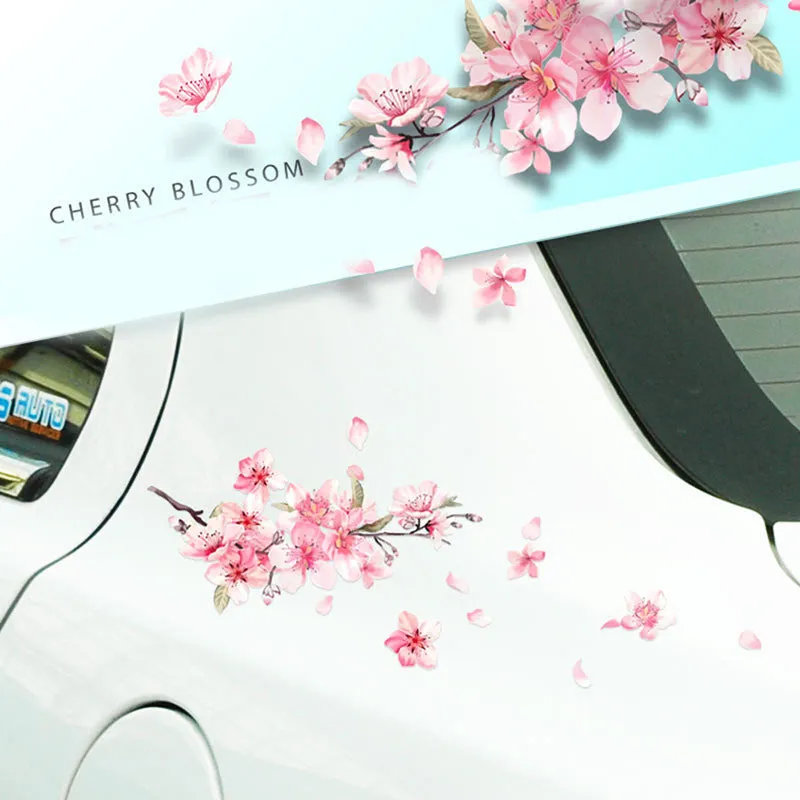 Cherry blossom flower pattern car sticker on vehicle window showing waterproof PVC material