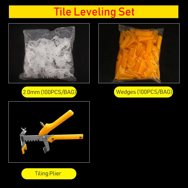 Orange plastic tile leveling wedges and white base clips on a tiled floor, with a rubber hammer nearby
