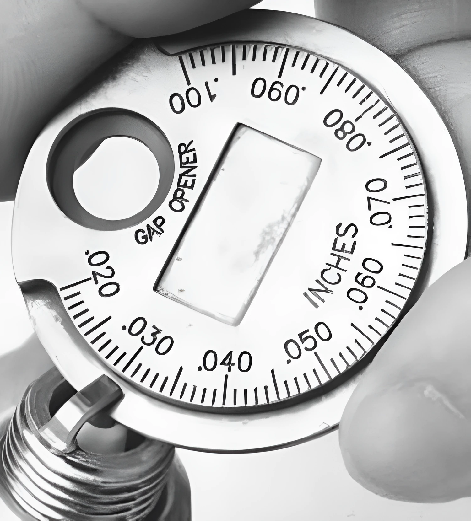 Round zinc alloy spark plug gauge with dual scales on a white background