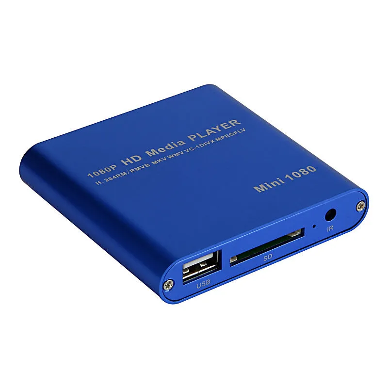 Blue or black Full HD 1080p media player with SD card slot, USB port and HDMI output