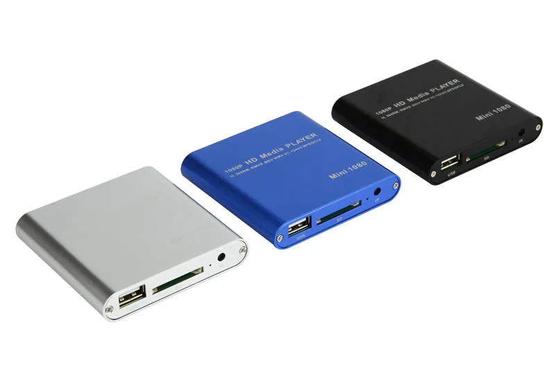 Blue or black Full HD 1080p media player with SD card slot, USB port and HDMI output