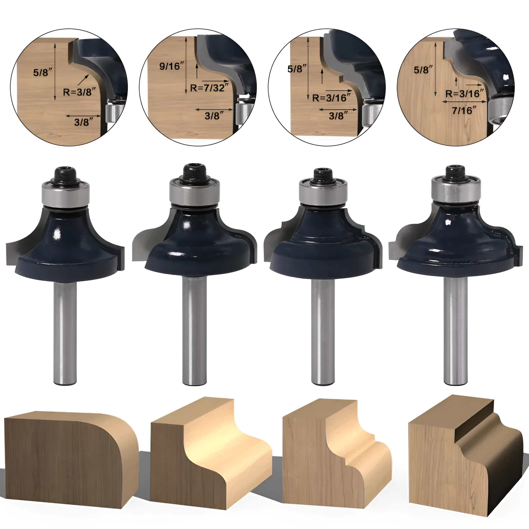 4-piece 6mm shank ogee edging and molding router bit set for cabinet line modeling