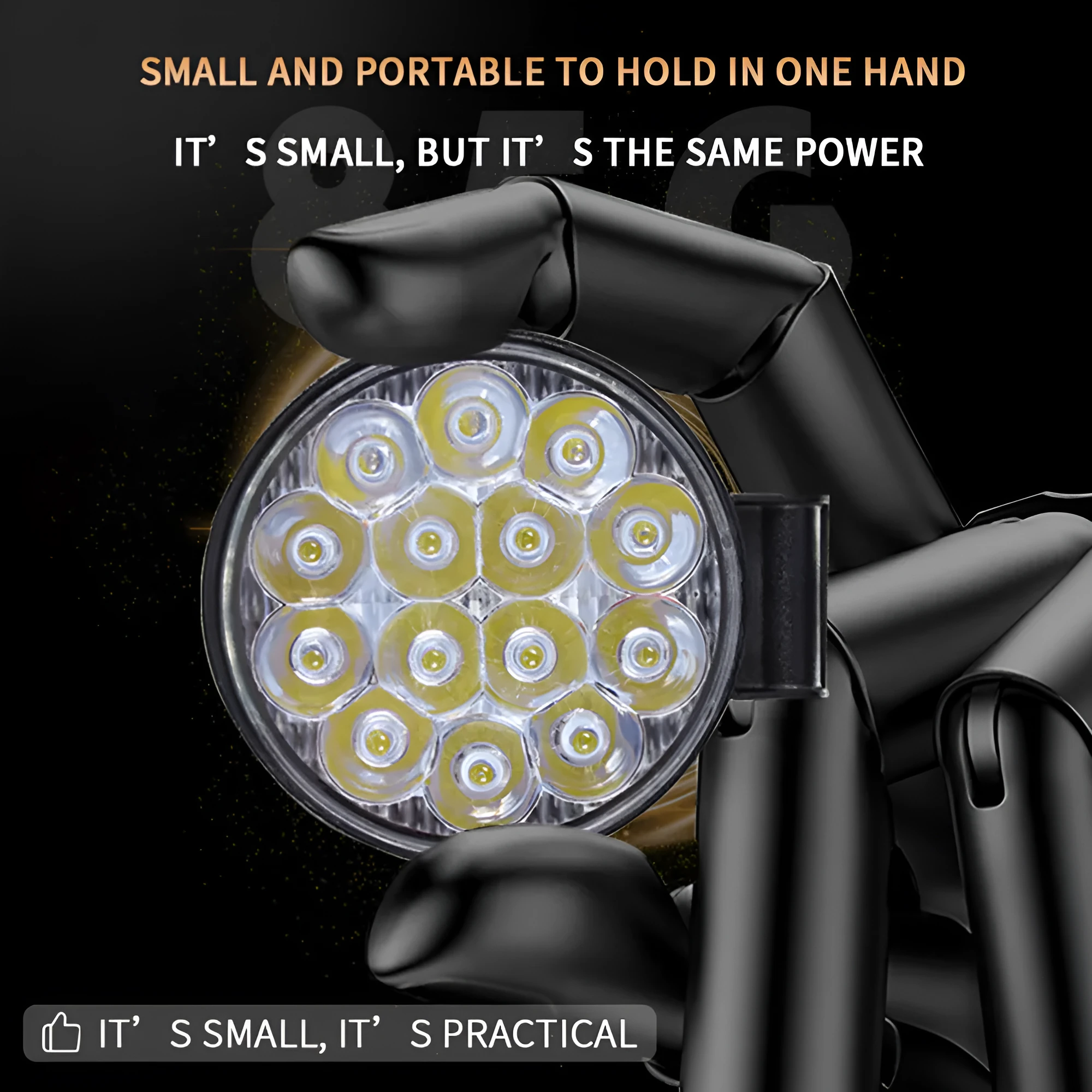 Compact round aluminium LED work light with white light, suitable for vehicle mounting.