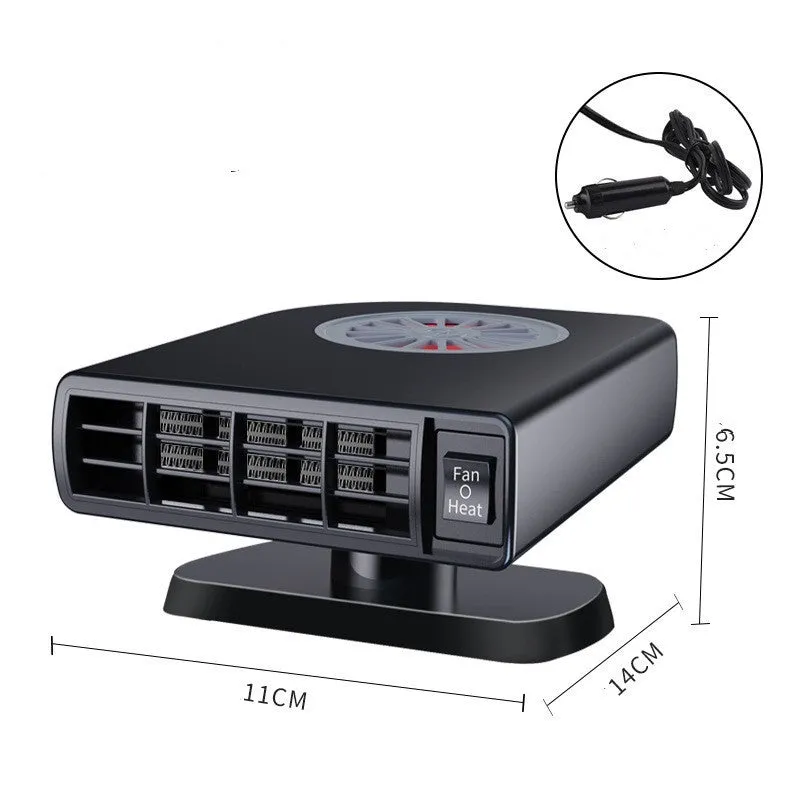 Black 12V vehicle-mounted heater for car defrosting on a dashboard.