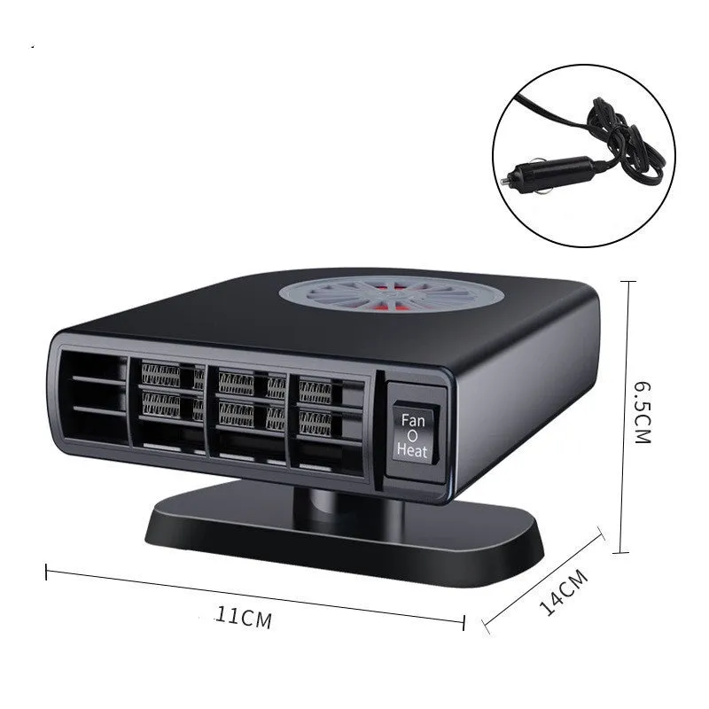 Black 12V vehicle-mounted heater for car defrosting on a dashboard.
