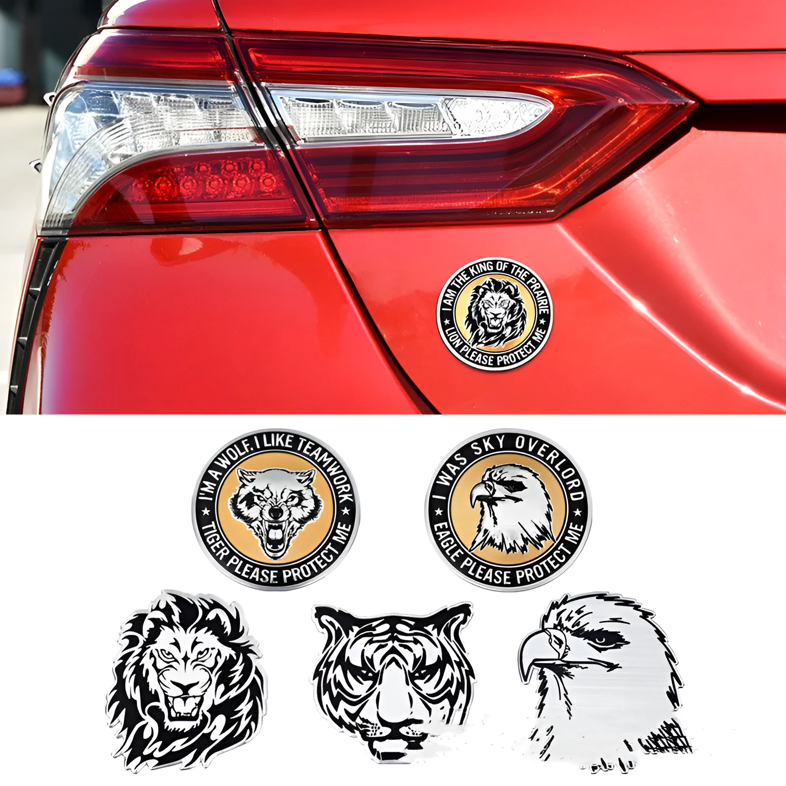 Aluminium metal car sticker with choice of lion, eagle, tiger or wolf head design.