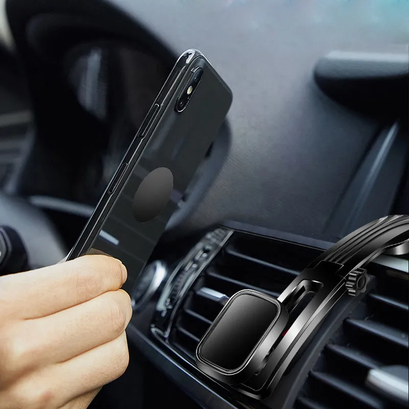 Magnetic car phone holder on dashboard with metal plate, 360° rotating arm, black and silver finish