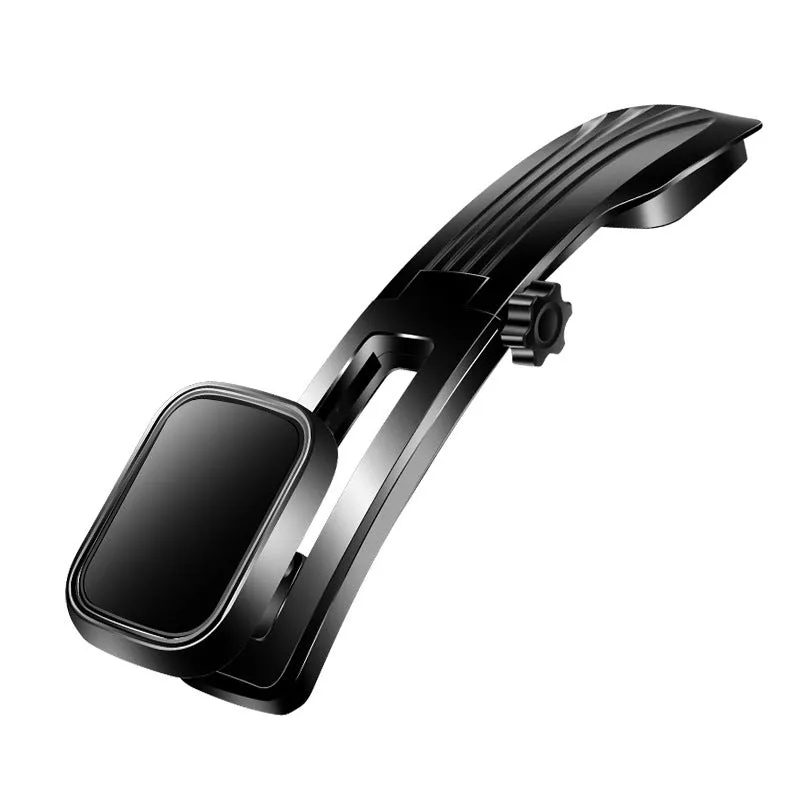 Magnetic car phone holder on dashboard with metal plate, 360° rotating arm, black and silver finish