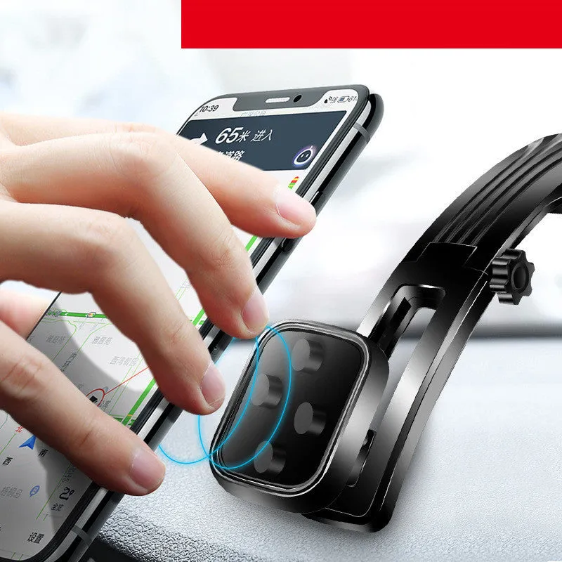 Magnetic car phone holder on dashboard with metal plate, 360° rotating arm, black and silver finish