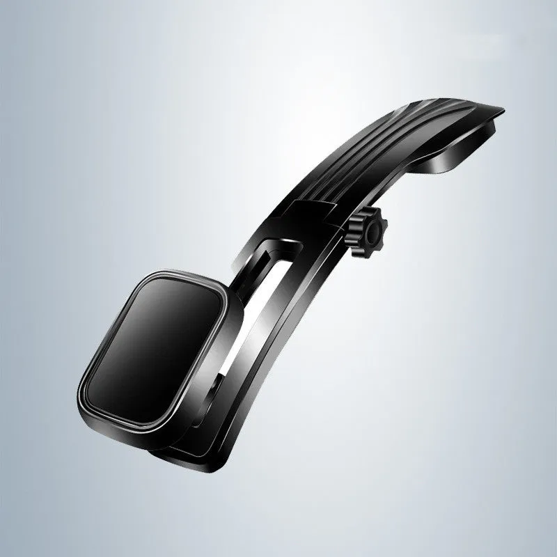 Magnetic car phone holder on dashboard with metal plate, 360° rotating arm, black and silver finish