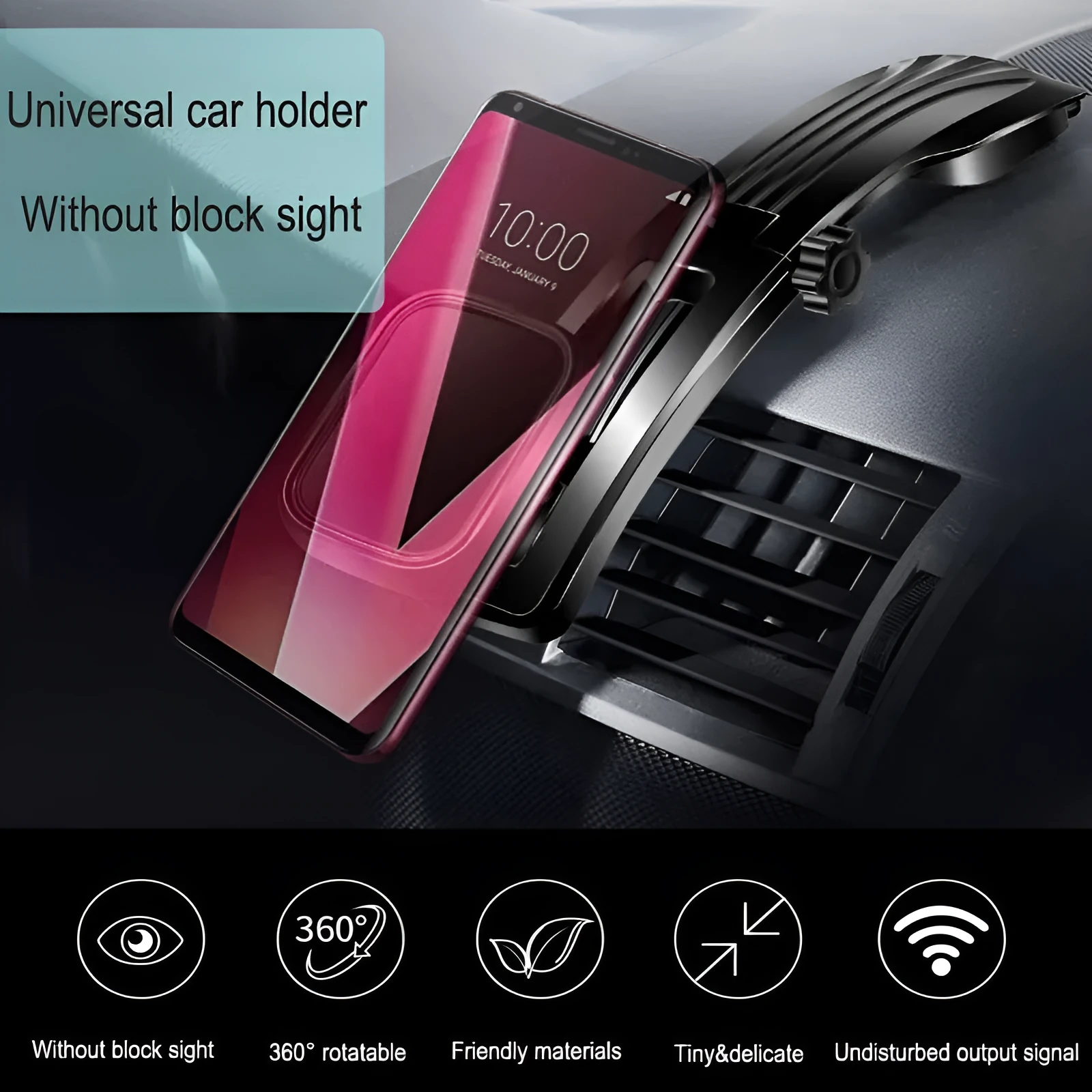 Magnetic car phone holder on dashboard with metal plate, 360° rotating arm, black and silver finish