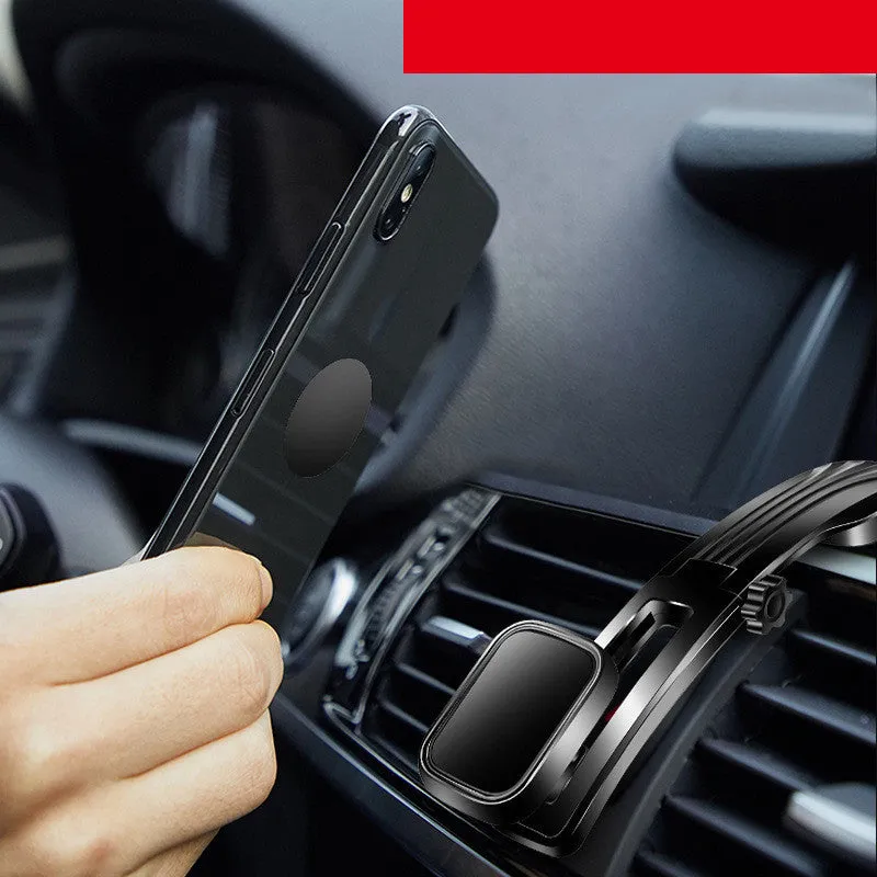Magnetic car phone holder on dashboard with metal plate, 360° rotating arm, black and silver finish