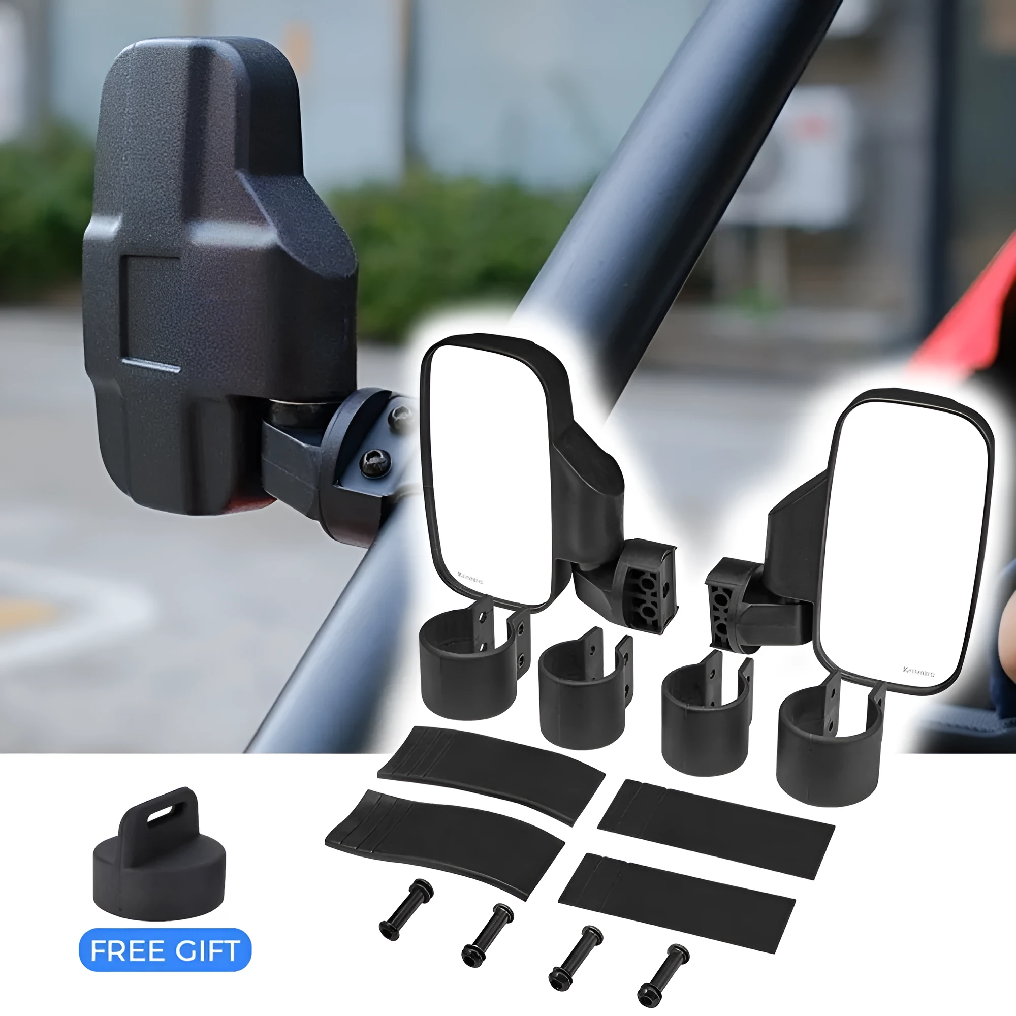 Pair of black universal rearview mirrors for UTV and ATV in plastic and glass, independent packaging