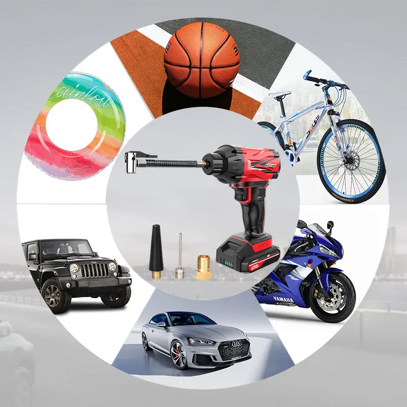 Red and black portable car tyre air pump with display, nozzles, and power cables on a table.