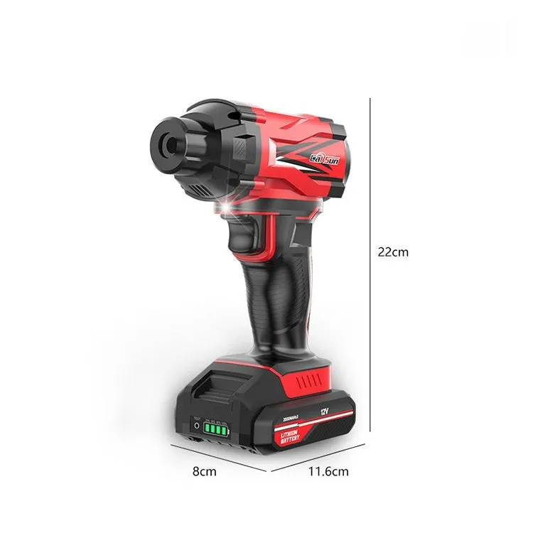 Red and black portable car tyre air pump with display, nozzles, and power cables on a table.
