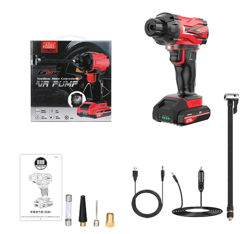 Red and black portable car tyre air pump with display, nozzles, and power cables on a table.