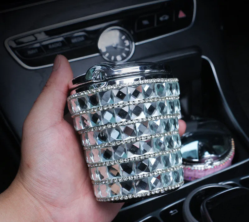 LED diamond-studded plastic car ashtray with grinding finish in a colour option for automotive use