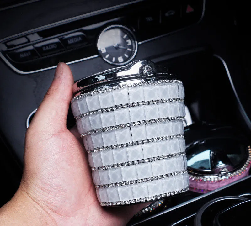 LED diamond-studded plastic car ashtray with grinding finish in a colour option for automotive use