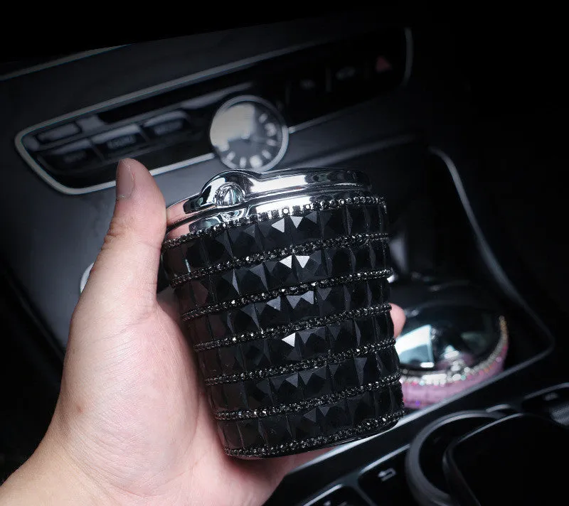 LED diamond-studded plastic car ashtray with grinding finish in a colour option for automotive use