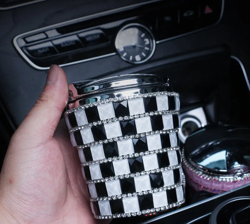 LED diamond-studded plastic car ashtray with grinding finish in a colour option for automotive use