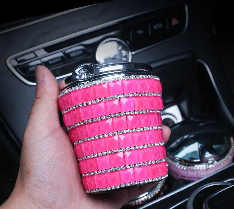LED diamond-studded plastic car ashtray with grinding finish in a colour option for automotive use