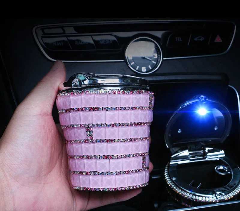 LED diamond-studded plastic car ashtray with grinding finish in a colour option for automotive use