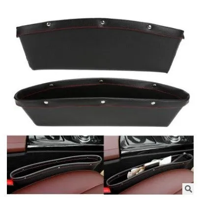 Leather car seat gap plug leakproof storage box in black placed between car seat and centre console