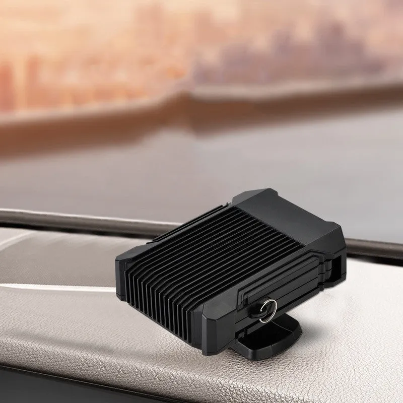 Black 12V car heater defroster fan with ABS plastic housing, plugging into cigarette lighter socket