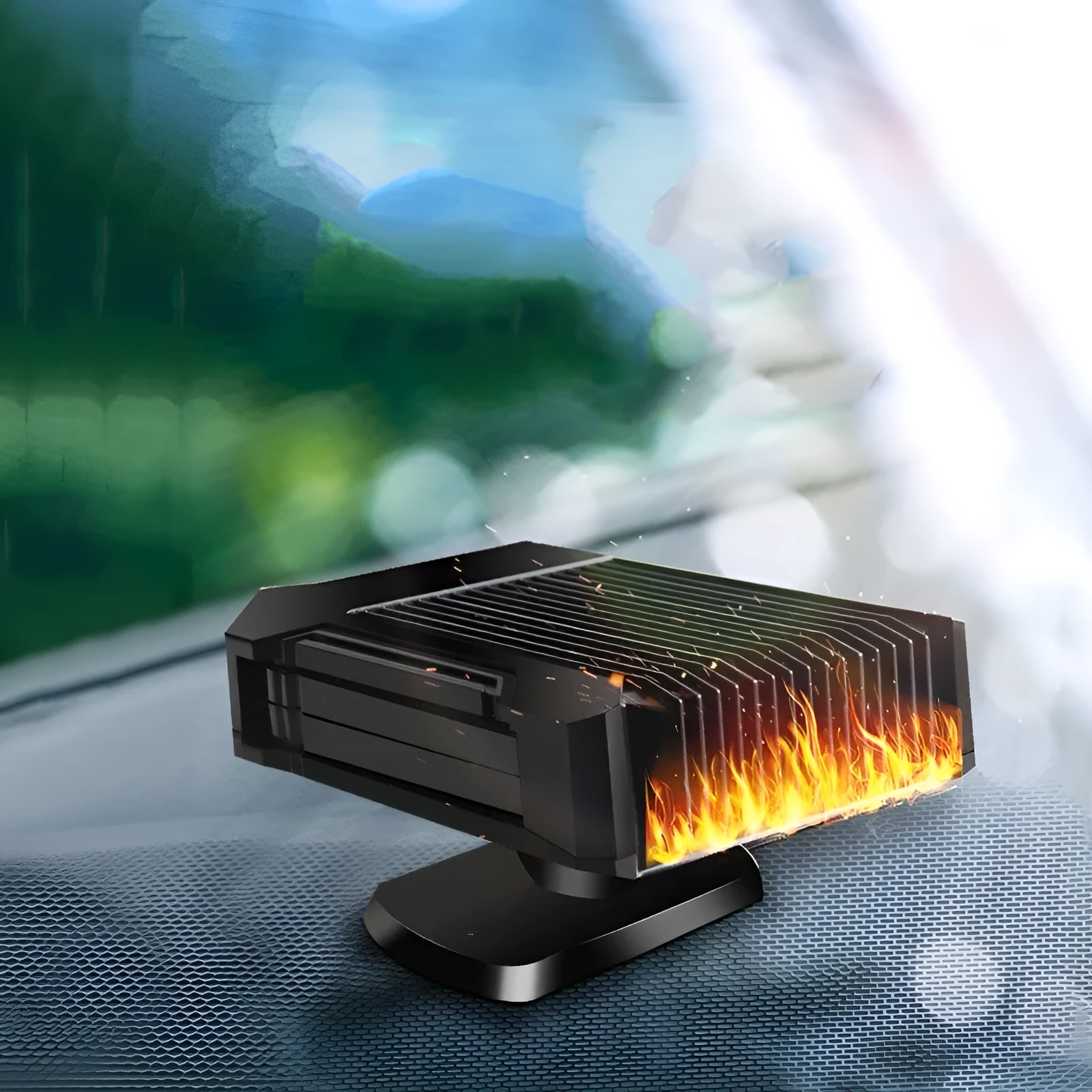 Black 12V car heater defroster fan with ABS plastic housing, plugging into cigarette lighter socket