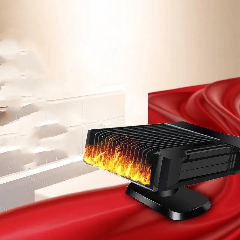 Black 12V car heater defroster fan with ABS plastic housing, plugging into cigarette lighter socket