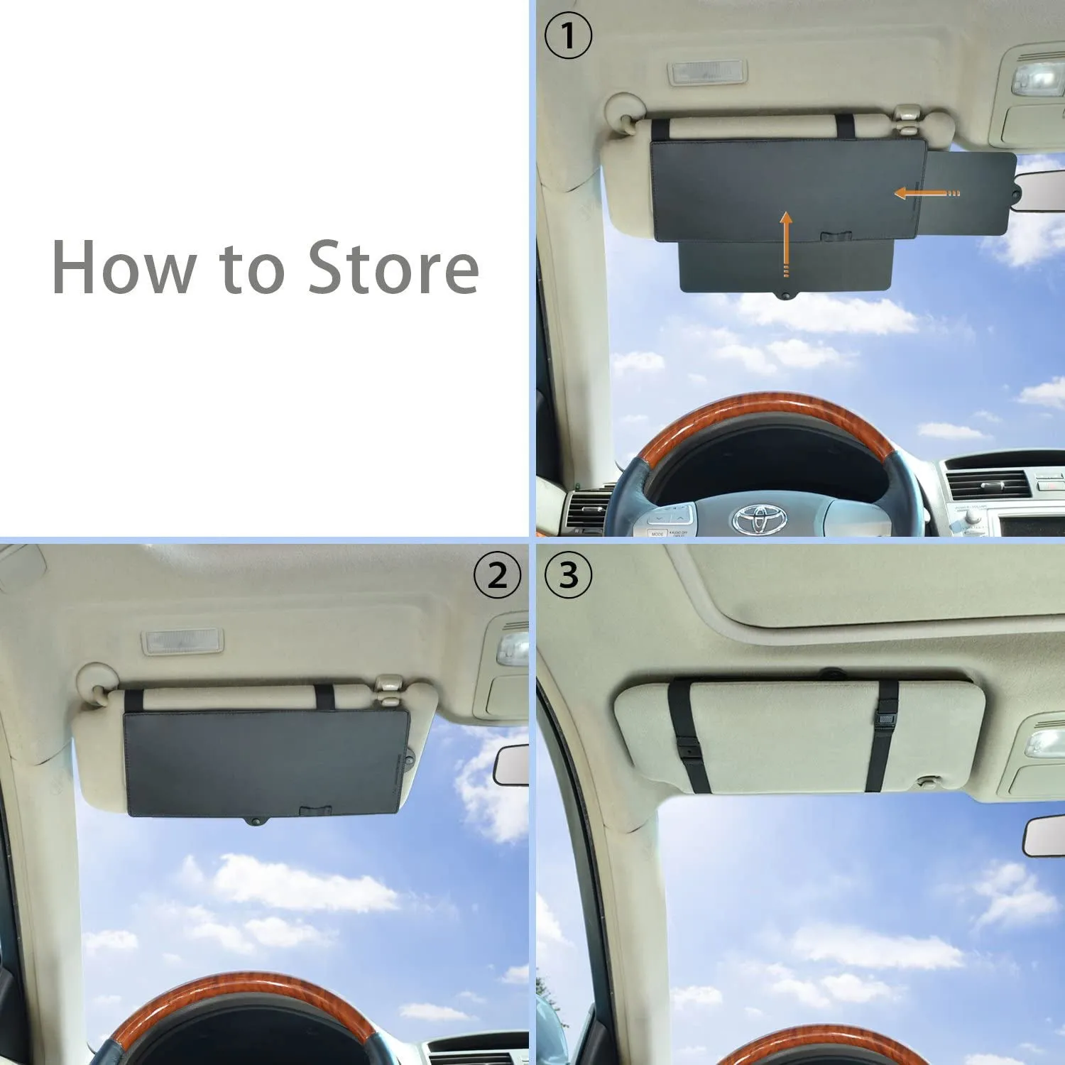 Portable retractable car sun visor in black PU leather, universal fit, 31cm width
