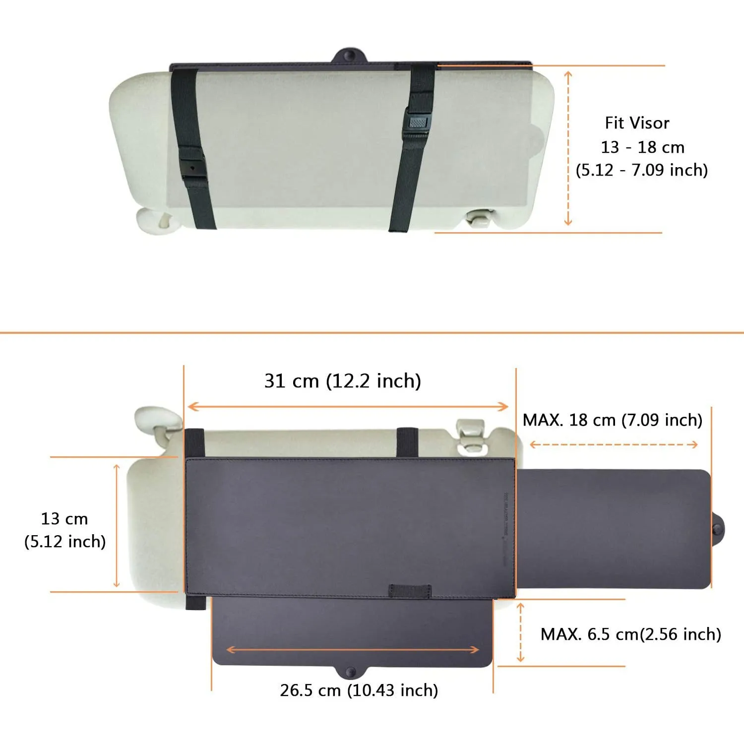 Portable retractable car sun visor in black PU leather, universal fit, 31cm width
