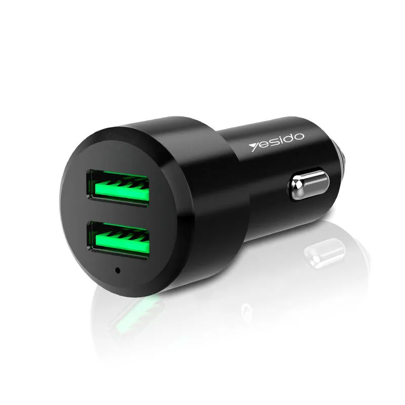Black dual USB car charger with QC3.0 fast charge output and aluminium alloy body
