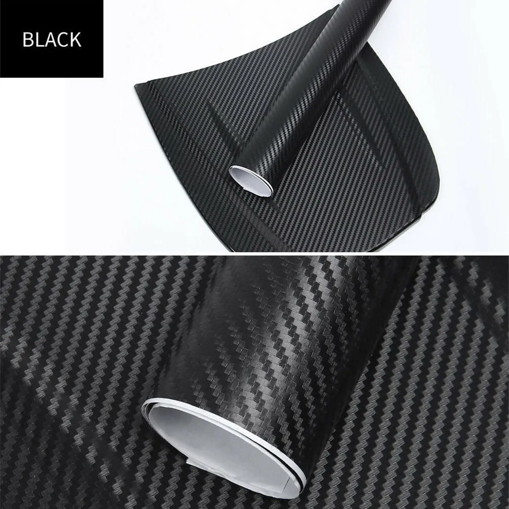 Roll of black carbon fibre textured vinyl sticker for car decoration, showing 3D pattern.