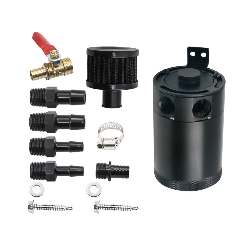 Black and silver aluminium automotive oil pot with two ports and connectors