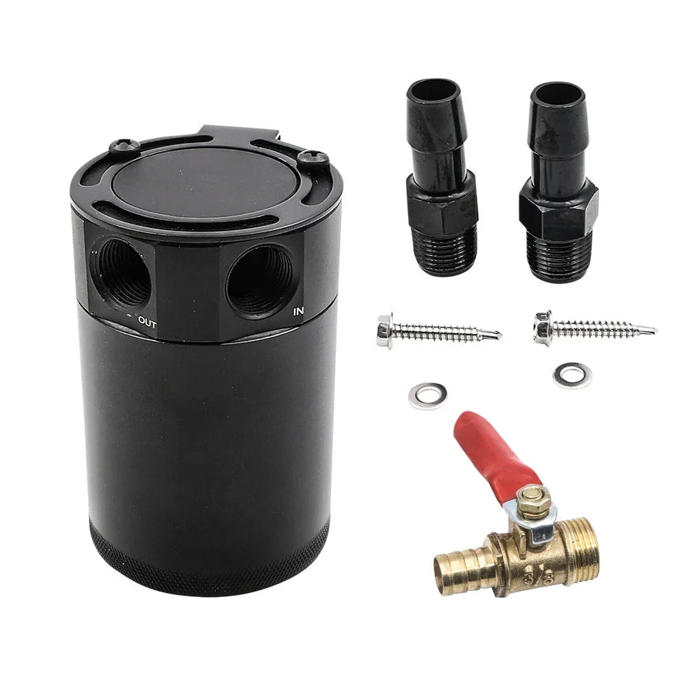 Black and silver aluminium automotive oil pot with two ports and connectors