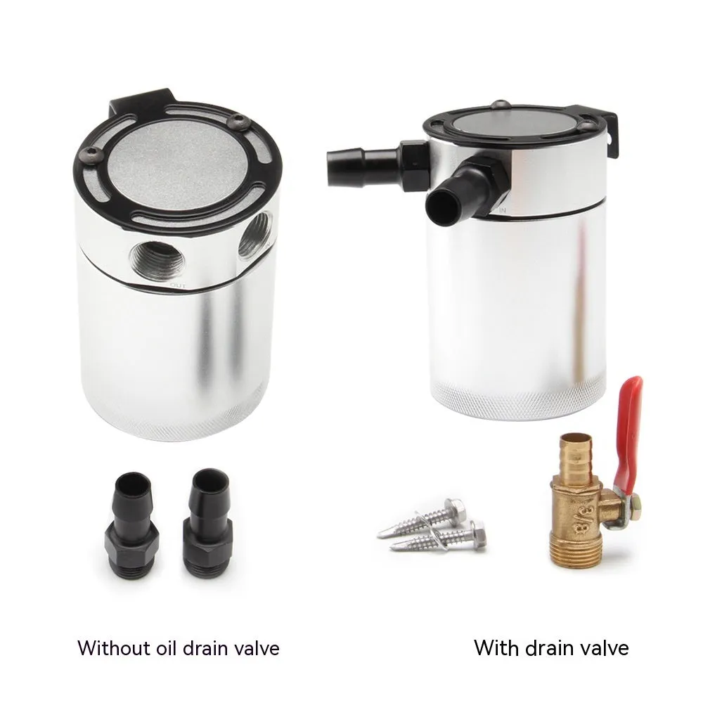 Black and silver aluminium automotive oil pot with two ports and connectors