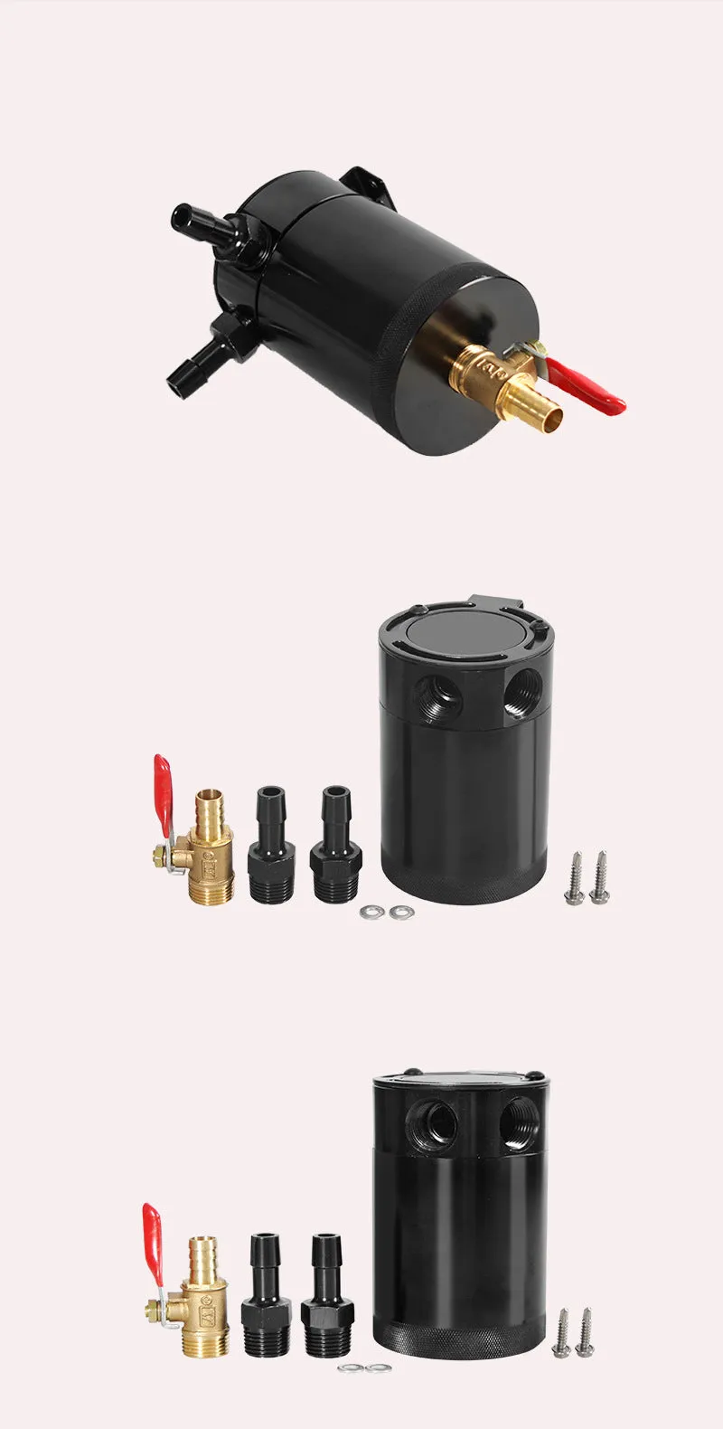 Black and silver aluminium automotive oil pot with two ports and connectors
