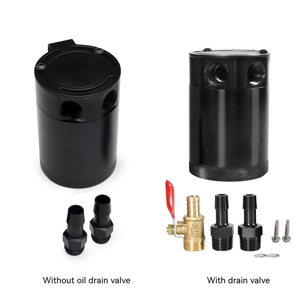 Black and silver aluminium automotive oil pot with two ports and connectors