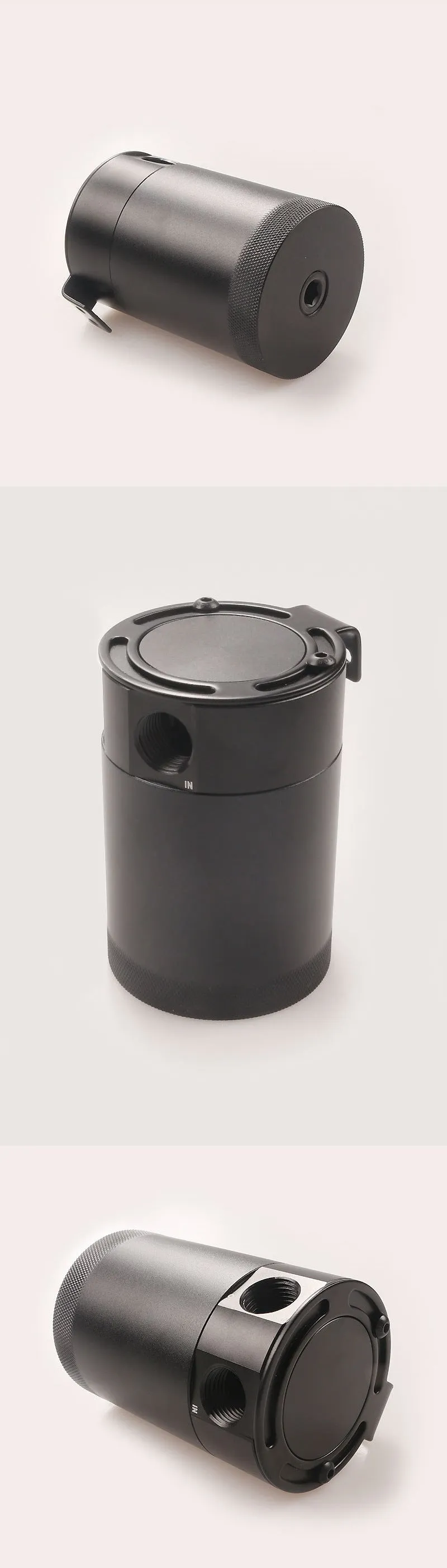 Black and silver aluminium automotive oil pot with two ports and connectors