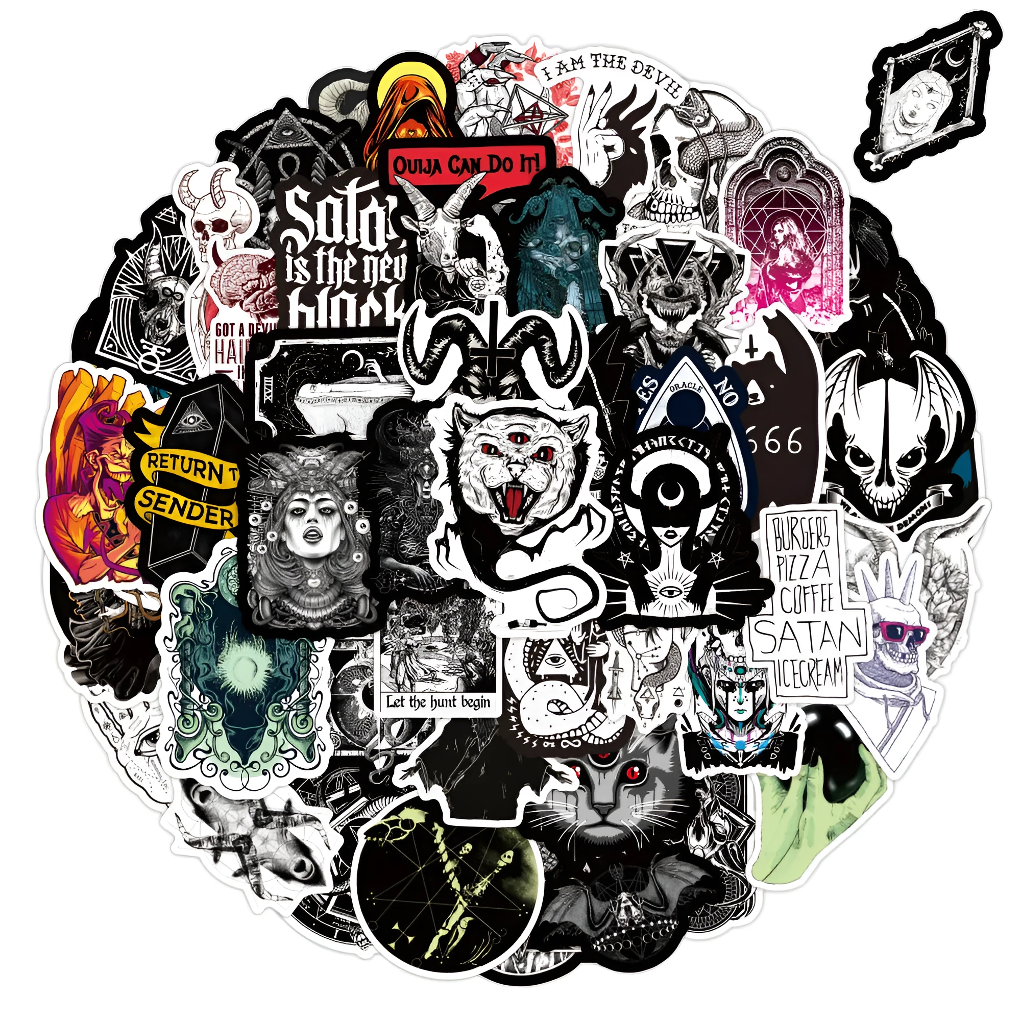 50 black and white gothic devil punk graffiti stickers on PVC matte waterproof film, 7cm each