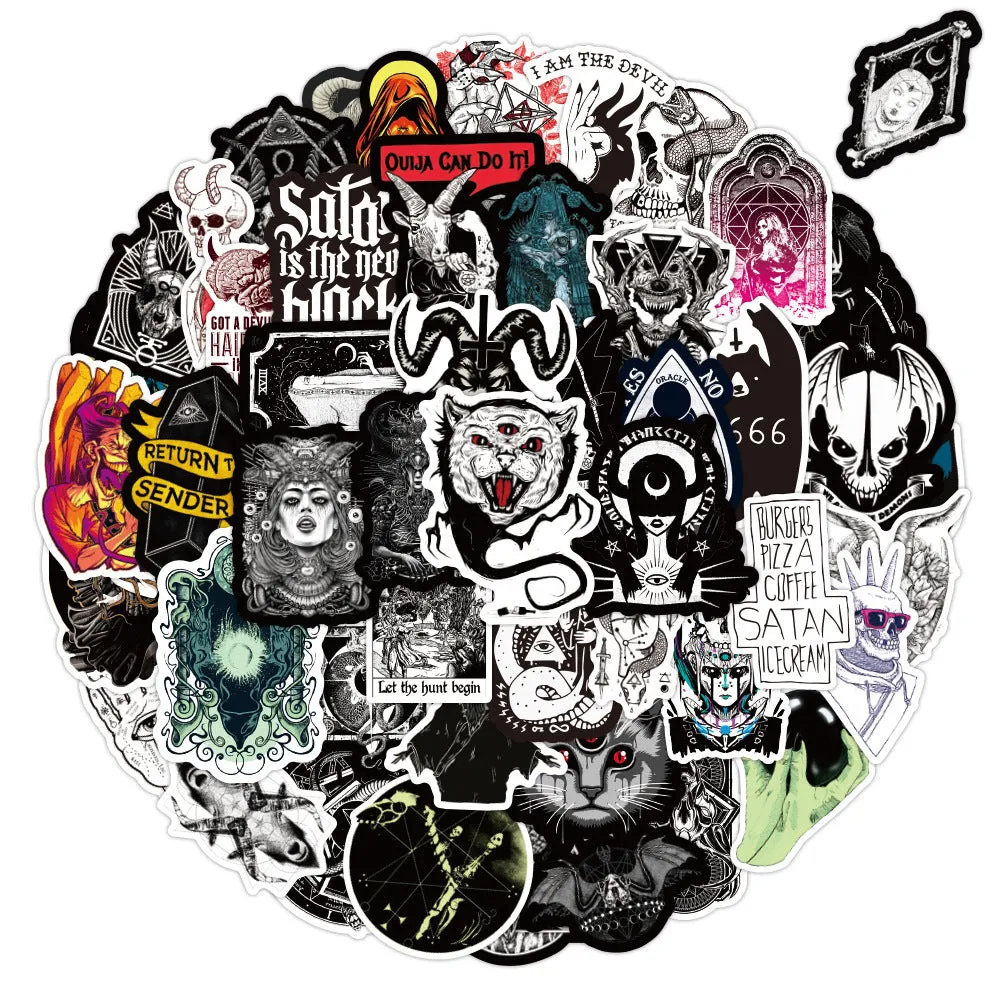 50 black and white gothic devil punk graffiti stickers on PVC matte waterproof film, 7cm each